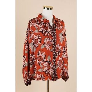 Sz M Free People Good Vibrations Printed Blouse In Light Combo Orange GUC